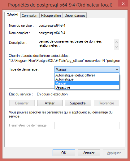 Configuration du service Windows PostgreSQL